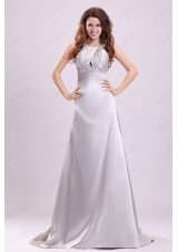 A Line Gray Straps Beading and Ruching Brush Train  Prom Dress