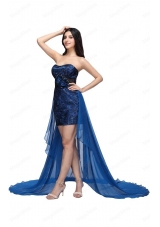 Column Royal Blue Strapless Lace Beading High Low Prom Dress