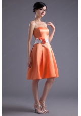 A Line Orange Red Strapless Sash Knee Length Satin Prom Dress