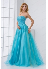 Gorgeous Princess Sweetheart Beading Tulle Aqua Blue Long Lace Up Prom Dress
