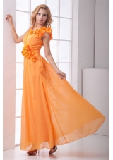 Cheap Empire V Neck Ruching Ankle Length Orange Chiffon Prom Dress