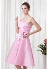 A Line Pink One Shoulder Knee Length Hand Made Flowers Prom Dress