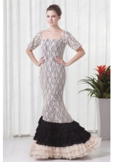 Mermaid Square White Lace Floor Length Prom Dress with Short Sleeves