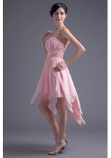 A Line Strapless High Low Pink Beading Chiffon Prom Dress