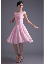 A Line Pink Off the Shoulder Chiffon Knee Length Ruching Prom Dress