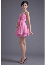 A Line One Shoulder Mini Length Pink Chiffon Ruching Prom Dress with Criss Cross