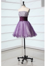 Lovely A Line Sweetheart Purple Mini Length Beading Tulle Prom Dress