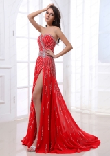 Modern Beading Sweetheart Brush Train Red Prom Dresses for 2014