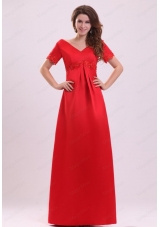 Empire V Neck Short Sleeves Appliques Satin Prom Dress in Red