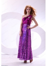 Column One Shoulder Purple Ankle Length Sequins Paillette Prom Dress