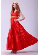 Red Empire V Neck Beaded Decorate Shoulder Prom Dress with Pleats