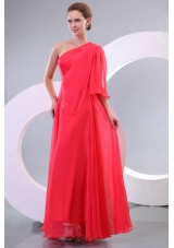 Empire One Shoulder Floor Length 3/4 Sleeve Prom Dress in Coral Red