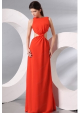 Bateau Coral Red Chiffon Ruching Long Prom Dress with Cut Out