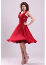 Popular A Line V Neck Prom Dress in Wine Red with Knee Length