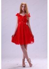 Red A Line V Neck Prom Dress with Flowers Knee Length