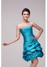 Blue A Line Strapless Knee Length Beading Taffeta Prom Dress with Lace Up