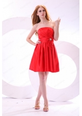 Simple Strapless A Line Mini Length Red Prom Dress with Ruching