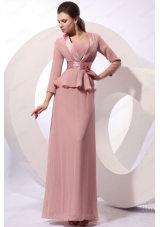 Column Square Long Ruching Pink Chiffon Floor Length Prom Dress