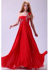 Empire One Shoulder Chiffon Red Prom Dress Beading Floor Length