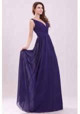 Simple Purple Empire V Neck Ruching Floor Length Chiffon Prom Dress
