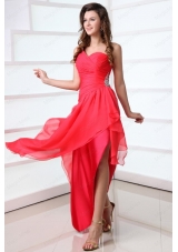 Coral Red Column Chiffon One Shoulder High Low Beading Chiffon Prom Dress