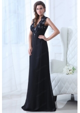 Navy Blue Empire V Neck Appliques Chiffon Prom Dress with Open Back