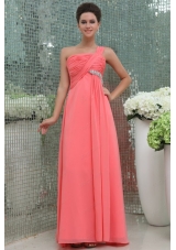 Watermelon Red One Shoulder Ruching Beading Floor Length Prom Dress