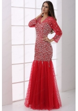 Mermaid V Neck Wine Red Beading Tulle Long Sleeves Prom Dress