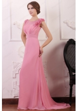 Rose Pink Empire V Neck Court Train Prom Dress with Flowers