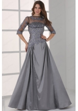 Grey A Line Scoop Half Sleeves Prom Dress with Appliques and Beading