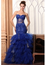 Sweetheart Mermaid Appliques and Ruffles Layered Prom Dress in Blue