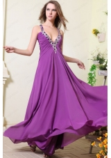 Sexy V Neck Empire Chiffon Beaded Decorate Prom Dress in Purple