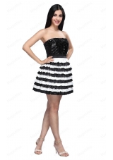 Strapless Black and White Mini Length Sequins Layered Prom Dress