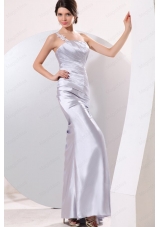 Column Gray Ruching Appliques One Shoulder Floor Length Prom Dress