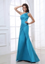 Mermaid One Shoulder Ruching Beading Blue Floor Length Prom Dress
