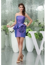 Column Strapless Purple Mini Length Hand Made Flowers Prom Dress