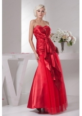 Red Sweetheart Column Floor Length Ruching Taffeta Prom Dress
