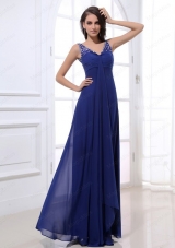 Empire V Neck Floor Length Chiffon Beading Blue Prom Dress