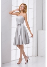 Cheap A Line Strapless Grey Mini Length Prom Dress with Bowknot