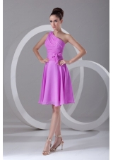 A Line One Shoulder Lilac Chiffon Knee Length Prom Dress