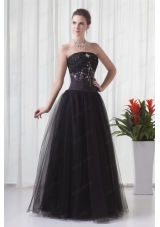 Black A Line Strapless Tulle Beading Floor Length Prom Dress