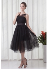 A Line One Shoulder Black Tulle Tea Length 2014 Prom Dress