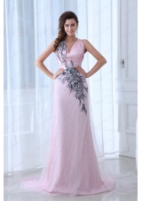 Beautiful Pink Column V Neck Tulle and Taffeta Prom Dress with Appliques