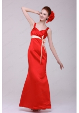 Cheap Column Straps Floor Length Taffeta Sashs Red Prom Dress
