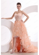 A Line Sweetheart Watermelon High Low Ruffles Prom Dress with Lace Up