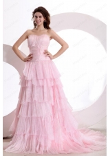 Exquisite A Line Sweetheart Court Train Ruching Pink Prom Dress