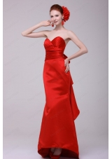 Column Sweethear Floor Length Taffeta Red Prom Dress with Ruching