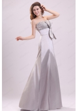 Column Strapless Beading and Bowknot Grey Taffeta Prom Dress with Floor Length