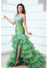 Cute One Shoulder Beading and Ruffled Layers Green Prom Dress with High Low