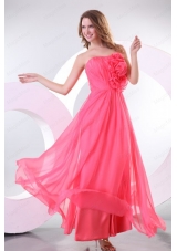 Strapless Flowers Decorate Brust Empire Long Prom Dress with Ruching
